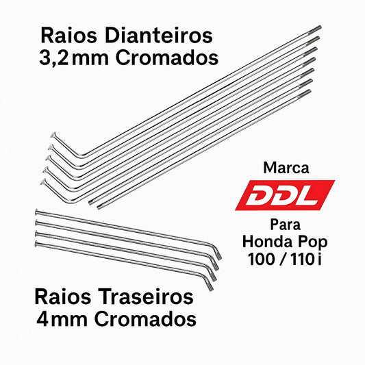 Jogo Raios Roda Dianteira + Traseira Pop 100 Pop 110 DDL 4MM Cromados