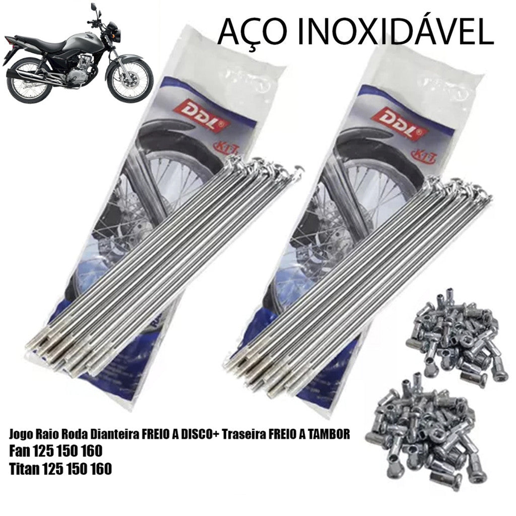 Jogo Raios DDL Inox Dianteiro + Traseira Titan 125 Titan 150 Titan 160 Fan Start 160 Ddl 4mm Tambor/ Disco