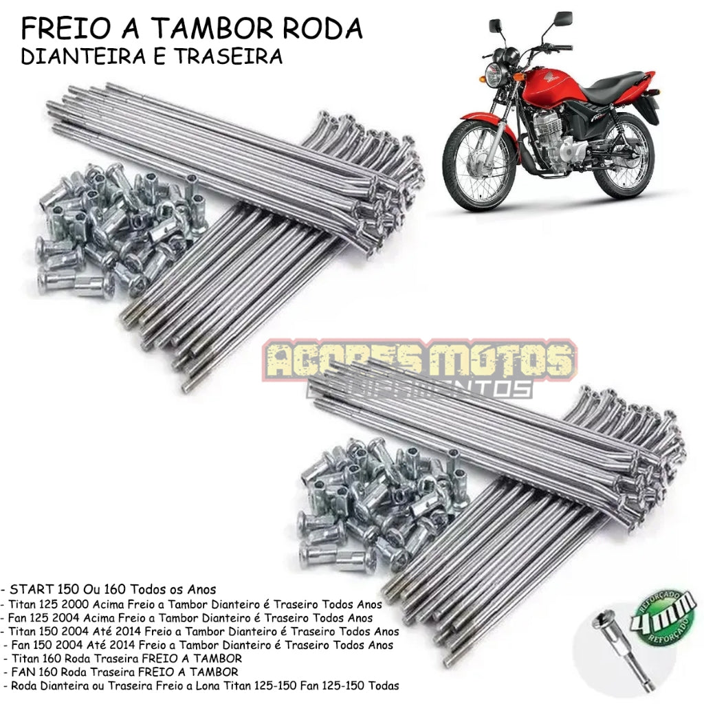 Jogo Raios Roda Dianteira + Traseira Titan Fan 125 150 Start 160 Freio Tambor Cromado 4mm