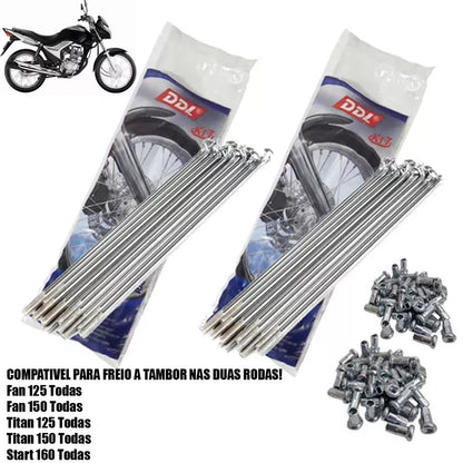 Jogo Raios DDL Roda Dianteira + Traseira Titan 125 Titan 150 Titan 160 Fan Start 160 Ddl 4mm Cromado Tambor / Disco