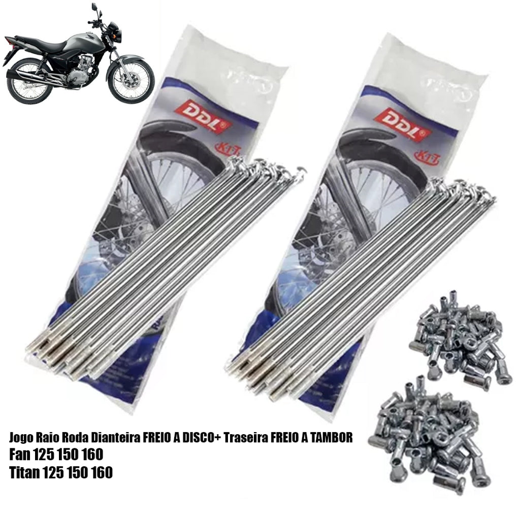Jogo Raios DDL Roda Dianteira + Traseira Titan 125 Titan 150 Titan 160 Fan Start 160 Ddl 4mm Cromado Tambor / Disco