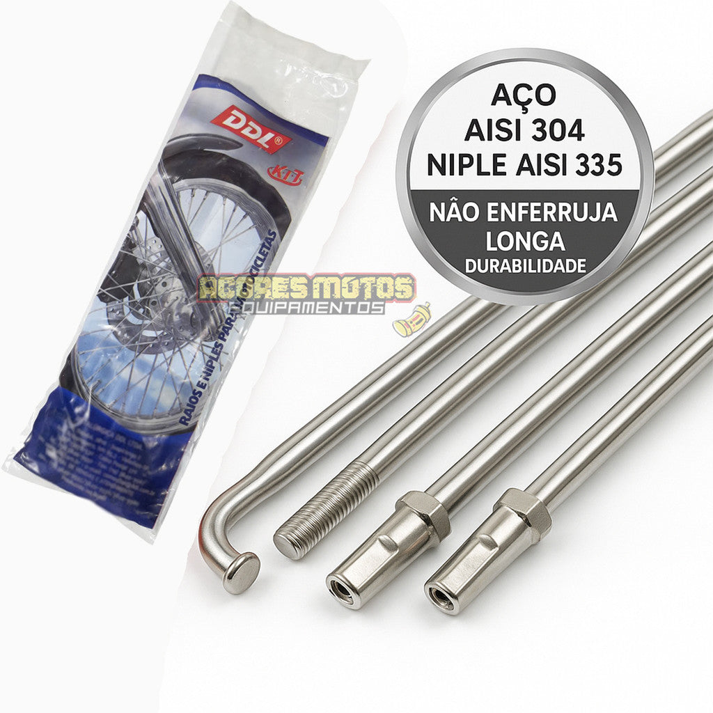 Jogo Raios DDL Inox Dianteiro + Traseira Titan 125 Titan 150 Titan 160 Fan Start 160 Ddl 4mm Tambor/ Disco