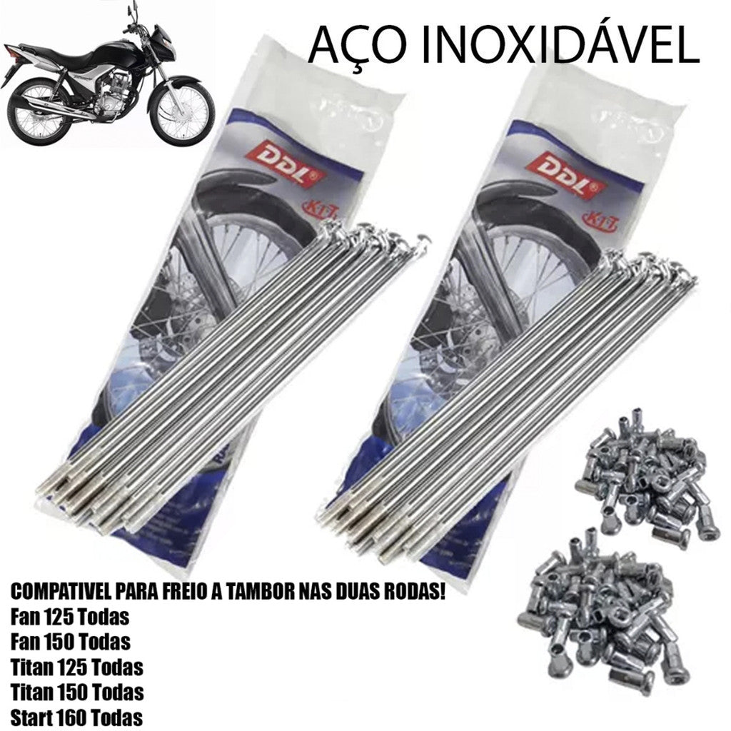 Jogo Raios DDL Inox Dianteiro + Traseira Titan 125 Titan 150 Titan 160 Fan Start 160 Ddl 4mm Tambor/ Disco
