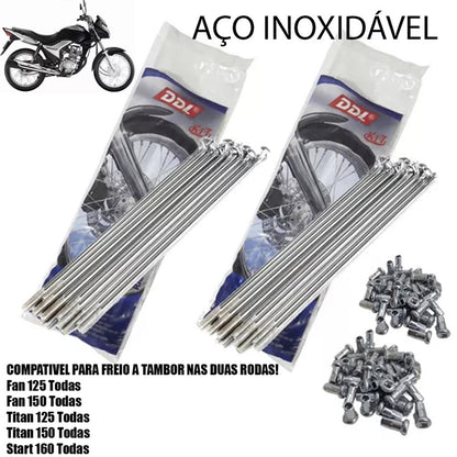 Jogo Raios DDL Inox Dianteiro + Traseira Titan 125 Titan 150 Titan 160 Fan Start 160 Ddl 4mm Tambor/ Disco