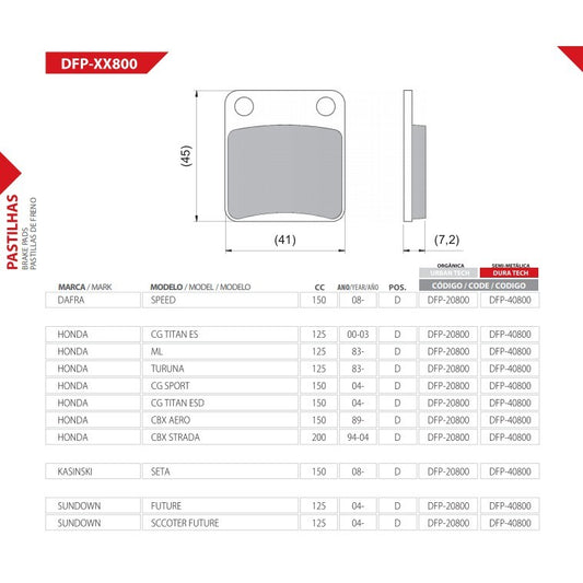 Pastilha Freio Dianteira Titan 125 ES Titan 150 2004 Até 2008 Cbx 200 Kasinski Comet Diafrag DFP40800