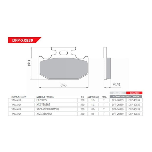 Pastilha Freio Traseiro Lander 250 Tenere 250 Dfp-20839