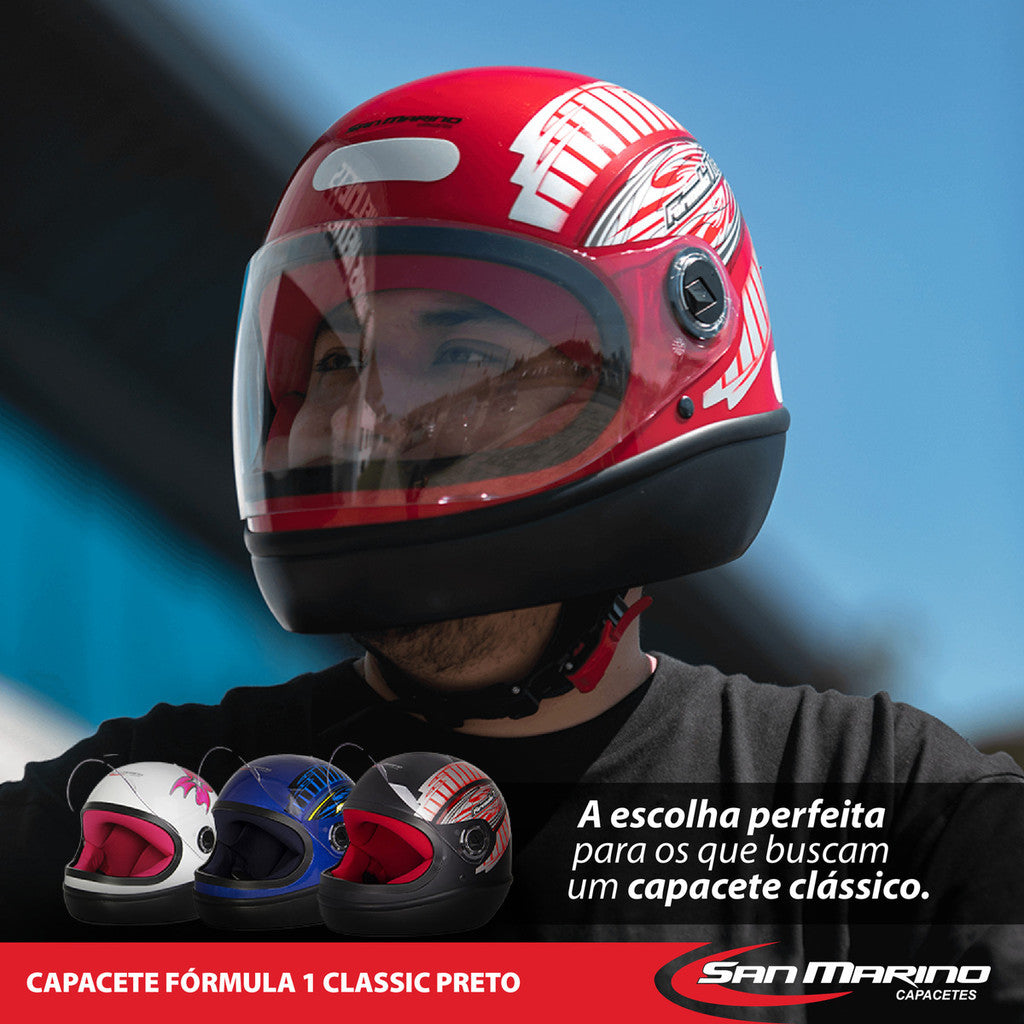 Capacete Moto Integral San Marino Fórmula 1 R Classic Preto Fechado Motociclista
