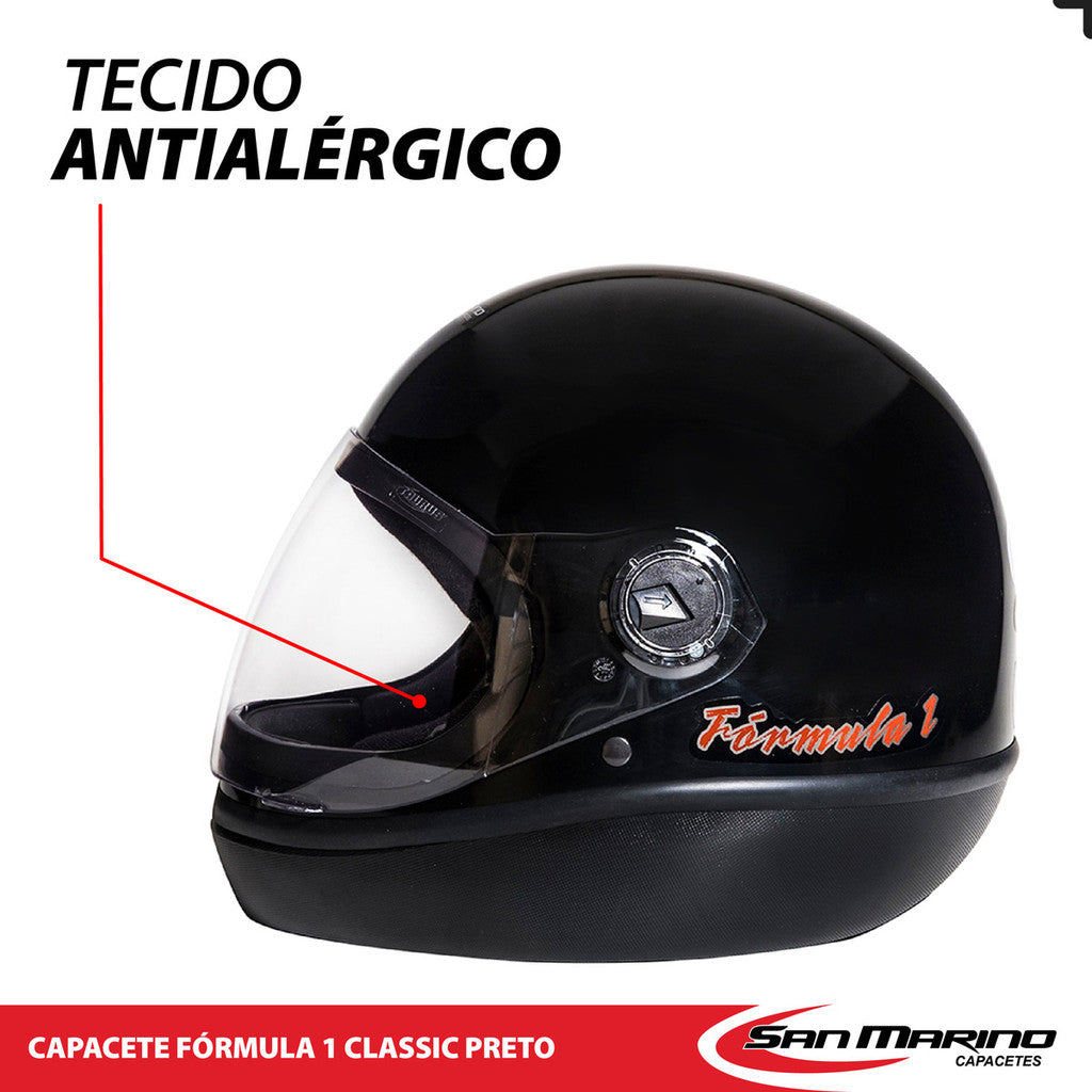 Capacete Moto Integral San Marino Fórmula 1 R Classic Preto Fechado Motociclista