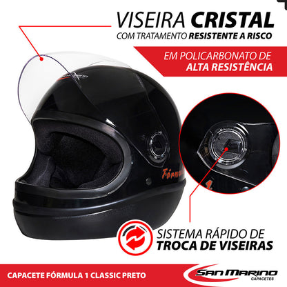 Capacete Moto Integral San Marino Fórmula 1 R Classic Preto Fechado Motociclista