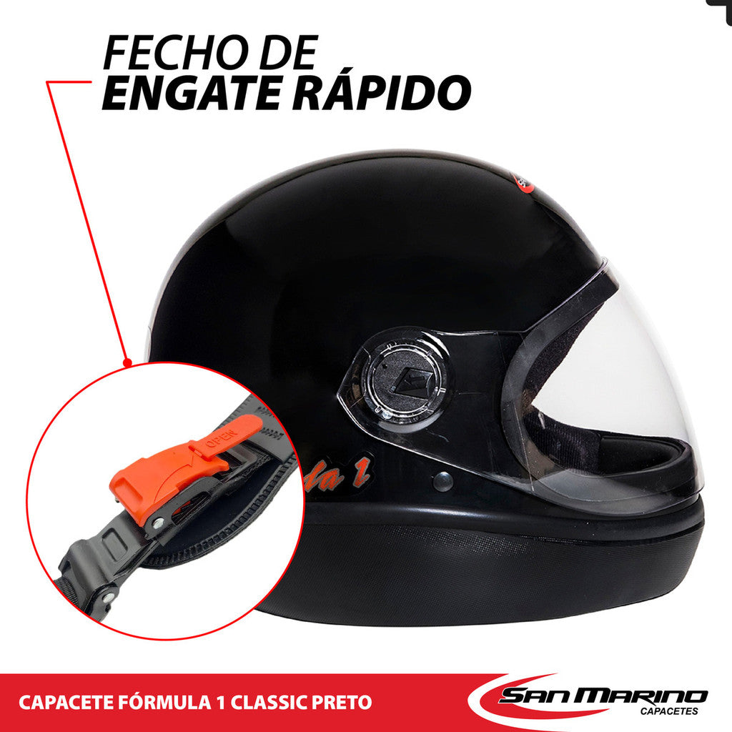 Capacete Moto Integral San Marino Fórmula 1 R Classic Preto Fechado Motociclista